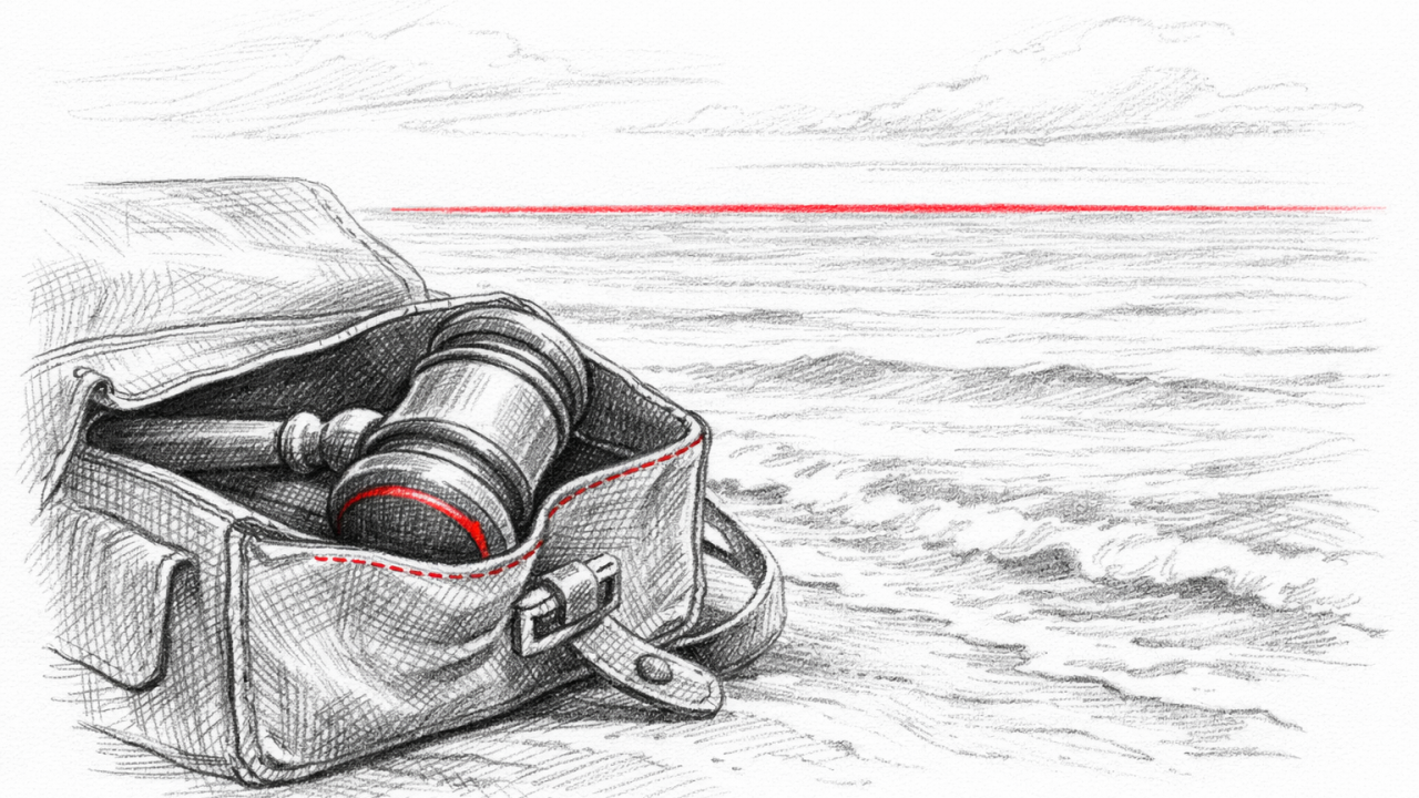 A gavel in a leather bag on the beach.